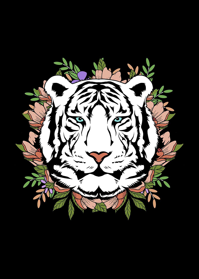 White Tiger With Flowers