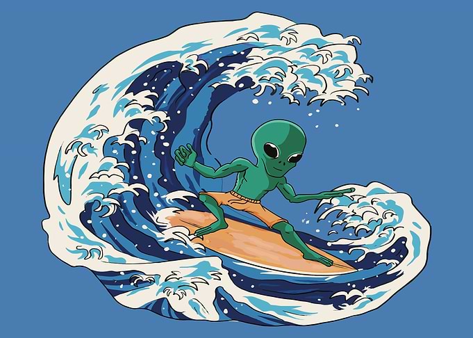Alien surfing on wave