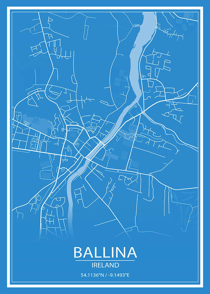 Ballina Blue and White Map