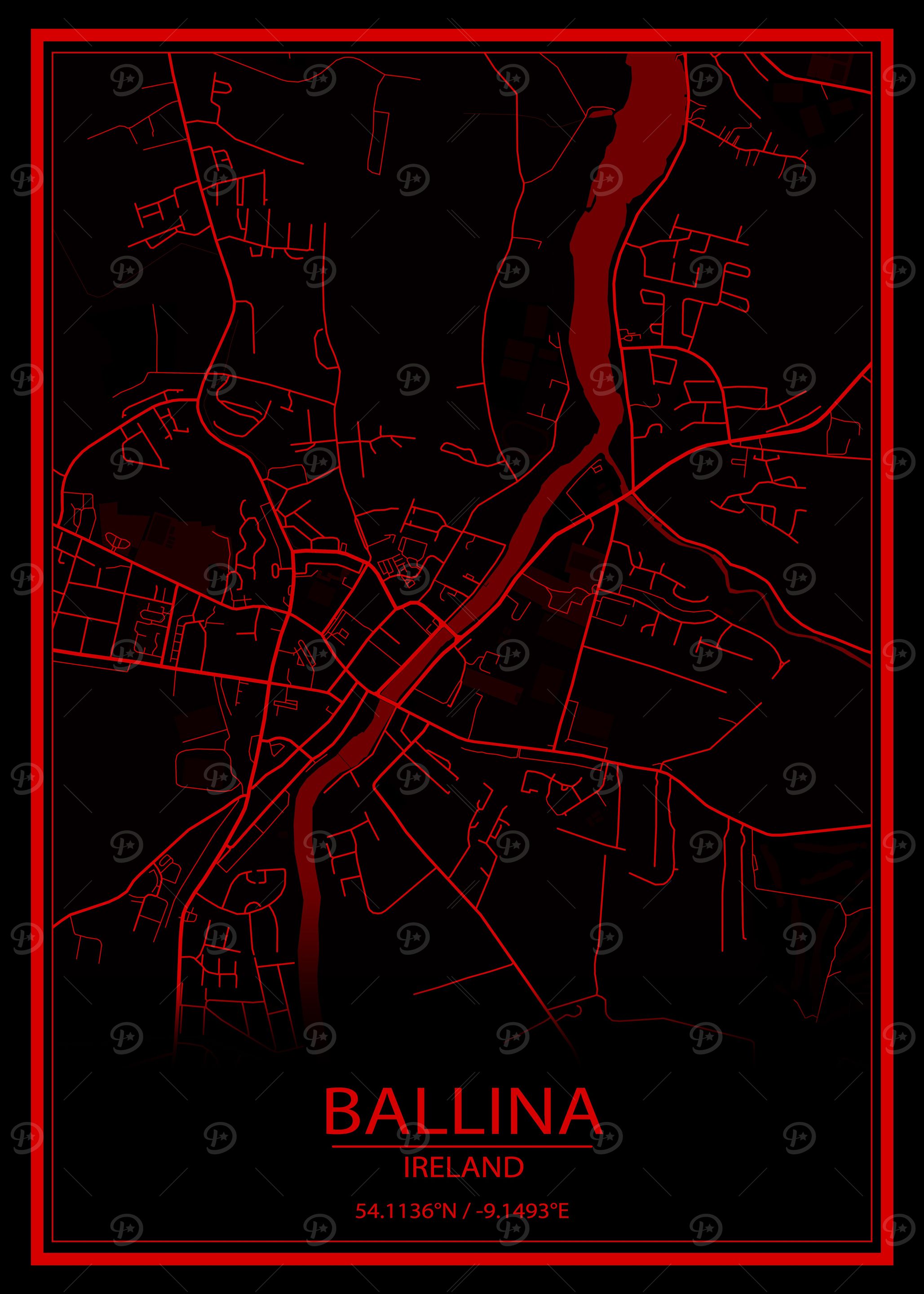 Ballina Black and Red Map