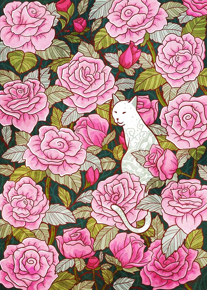 Cat and roses