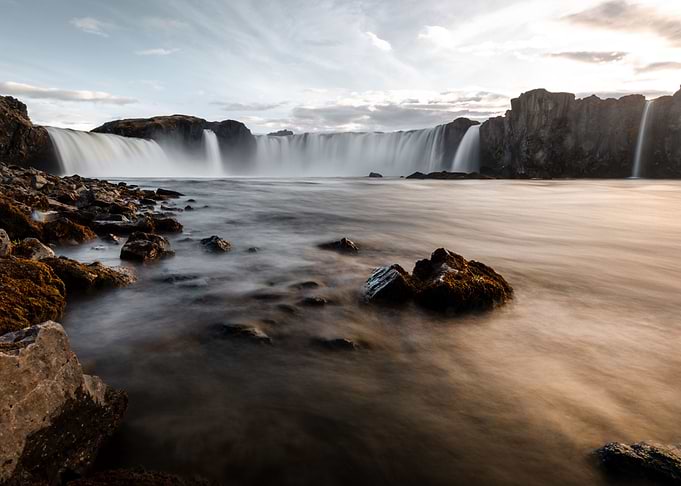 Big waterfall in sunset