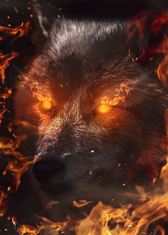 epic Wolf face on fire art