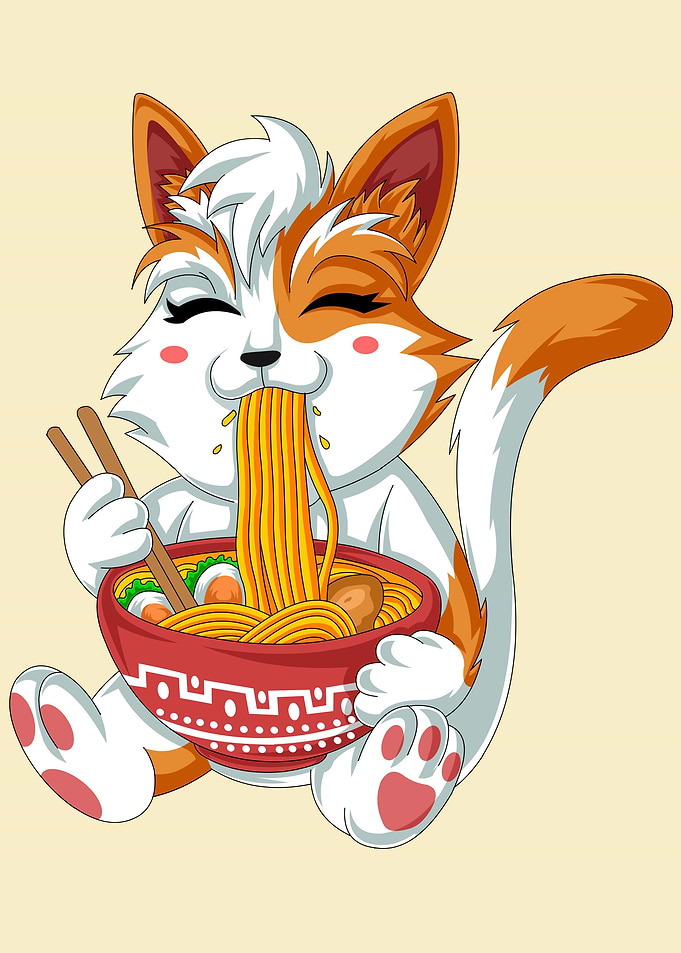 kawaii cat eating ramen