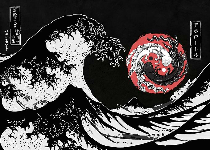 Great wave Yinyang axolotl