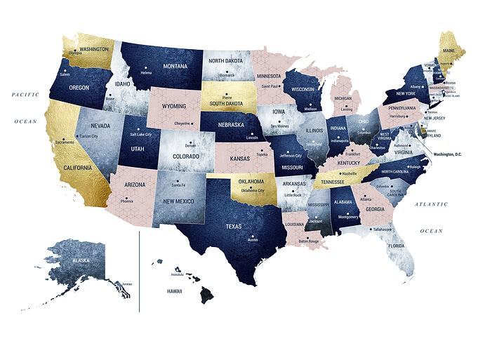 US Map Blush Navy Gold