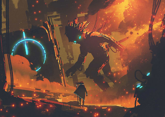 Man looking at giant robot