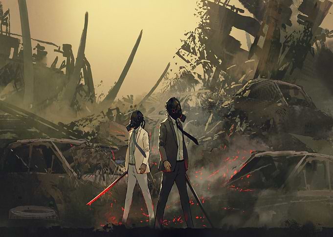 two men wearing gas mask