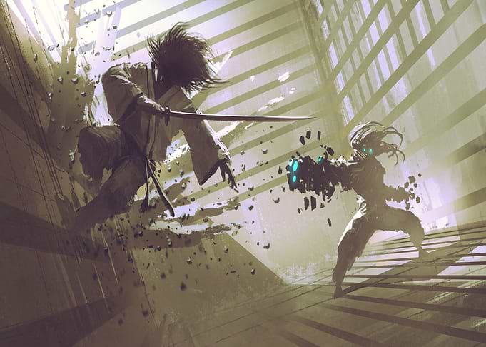 Samurai and robot in dojo