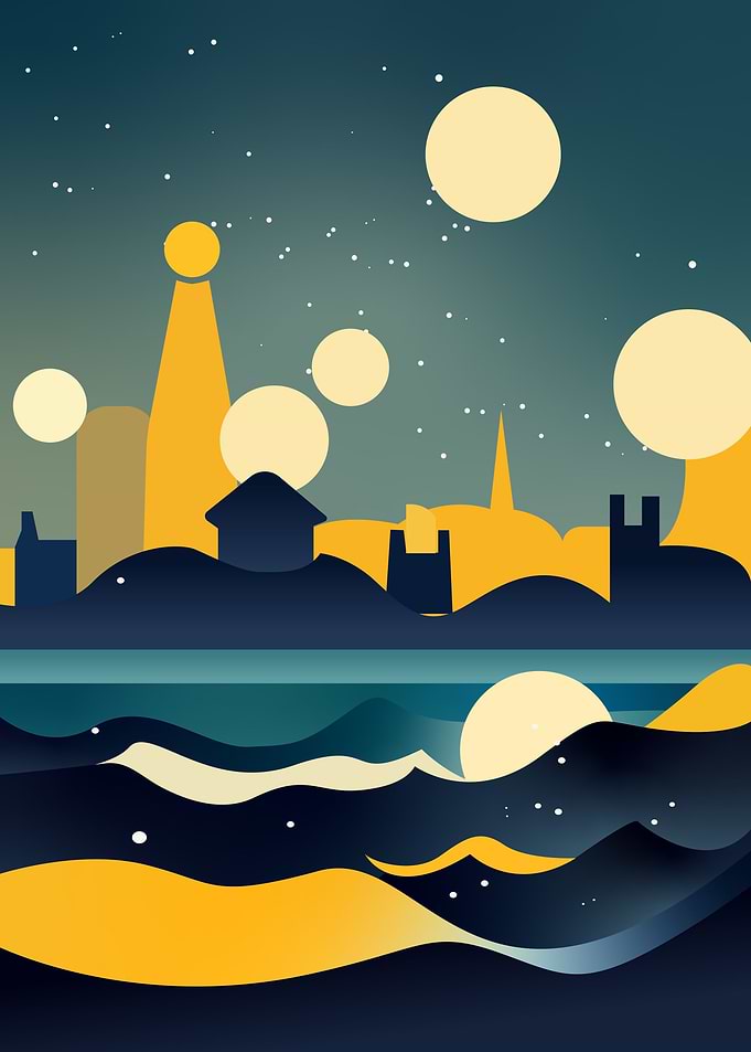 Seaside town starry night