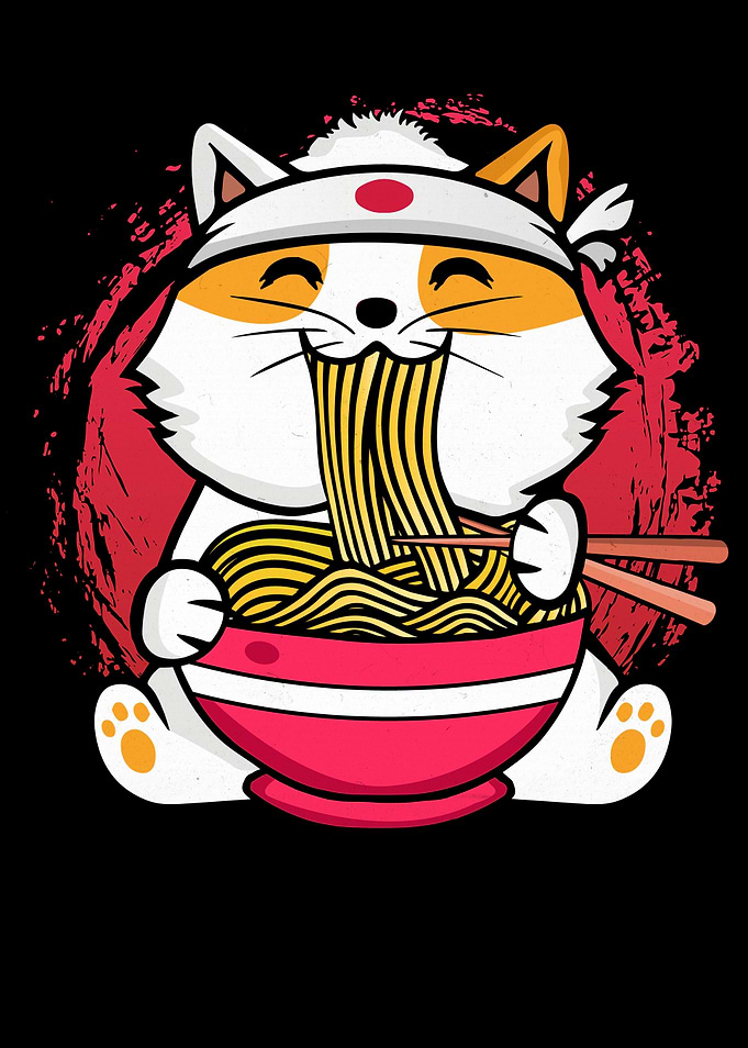 Cat Eating Ramen Noodles