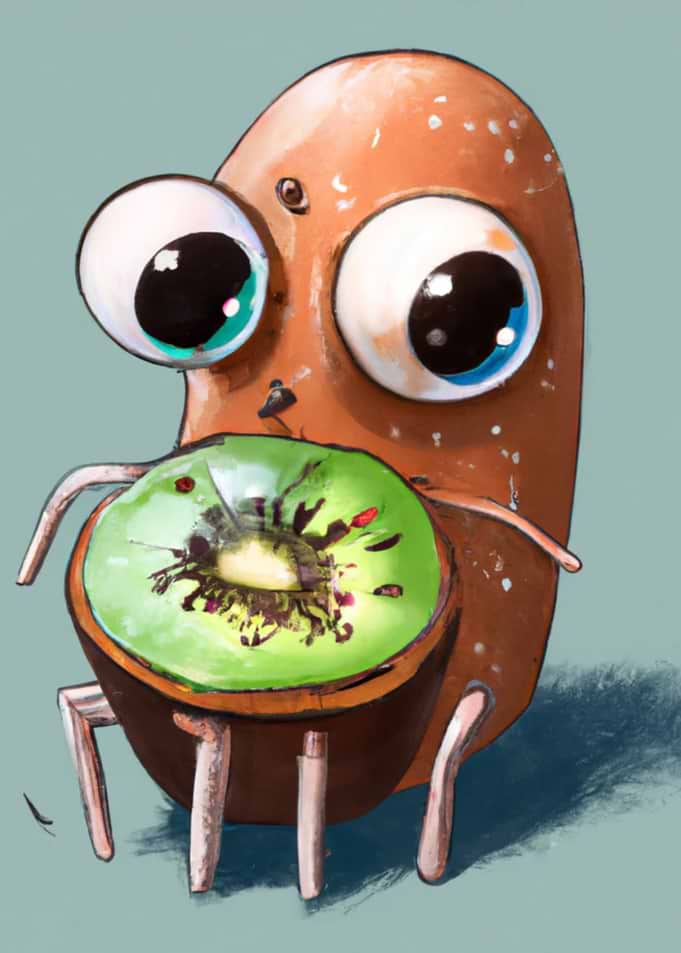 Potato eating a kiwi