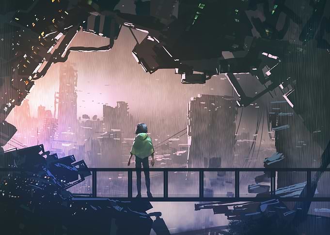 dystopian city rainy day