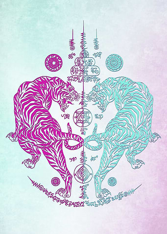 Sak Yant Tigers Pink Blue