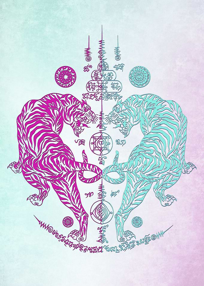 Sak Yant Tigers Pink Blue