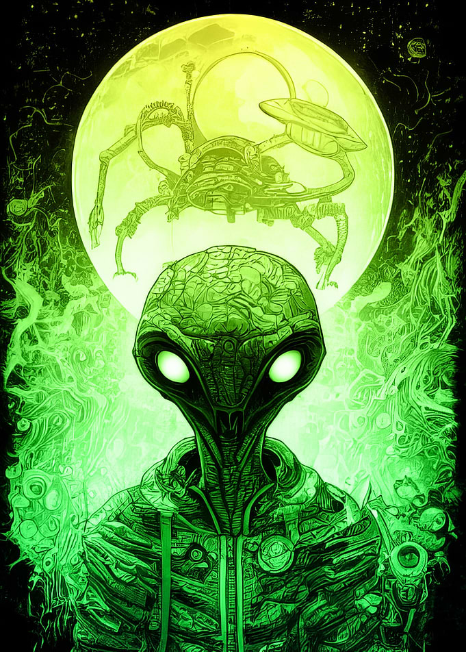 Green Alien and UFO