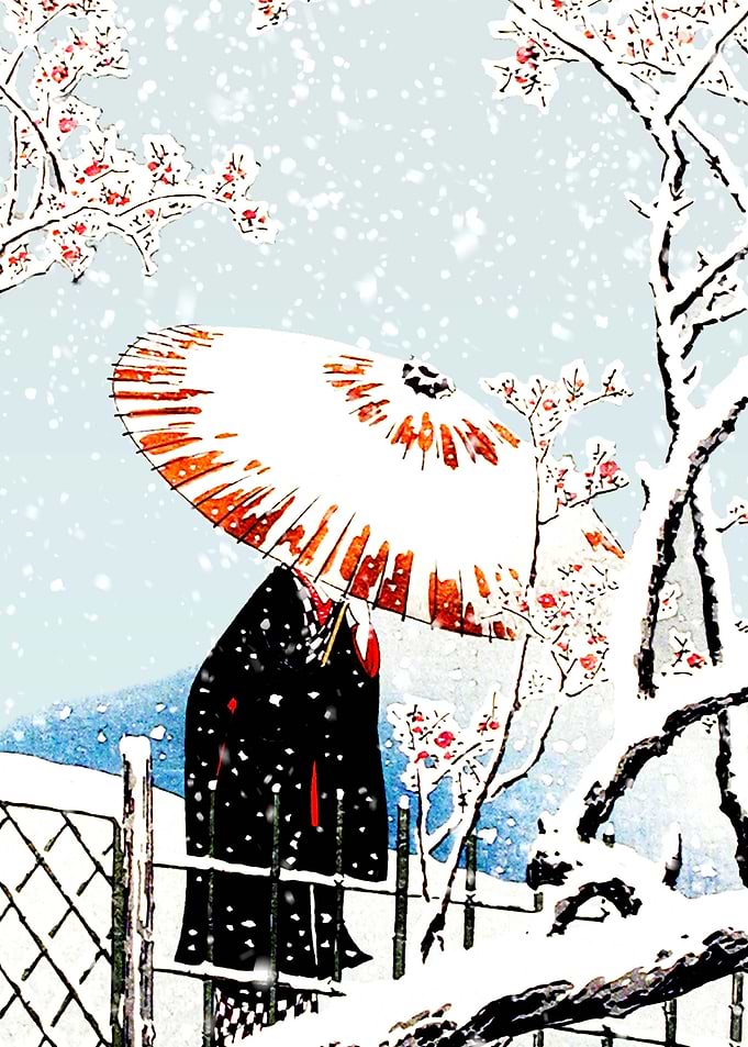 Plum tree in snow