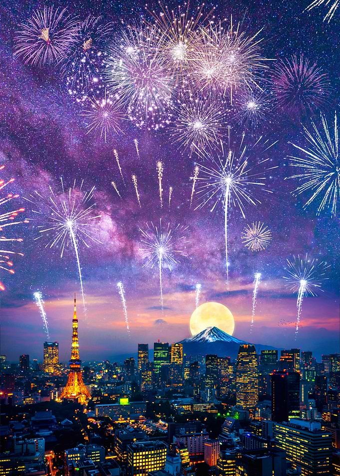 Fireworks and Mount Fuji
