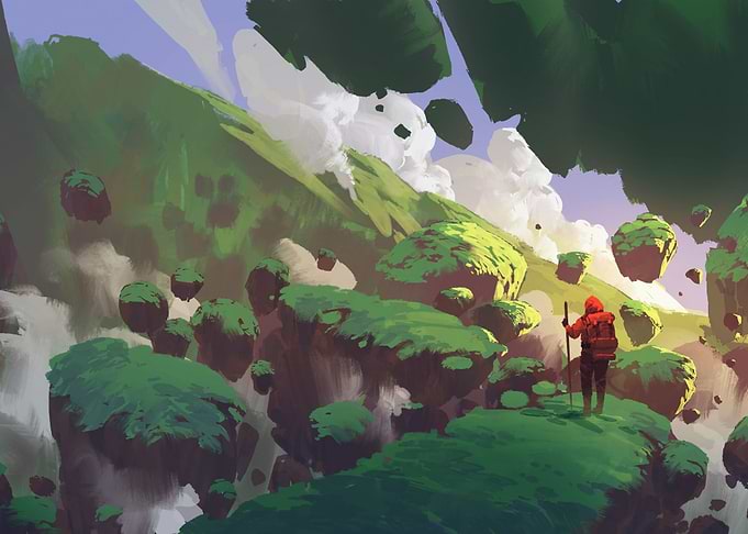 Traveler walks on a rock