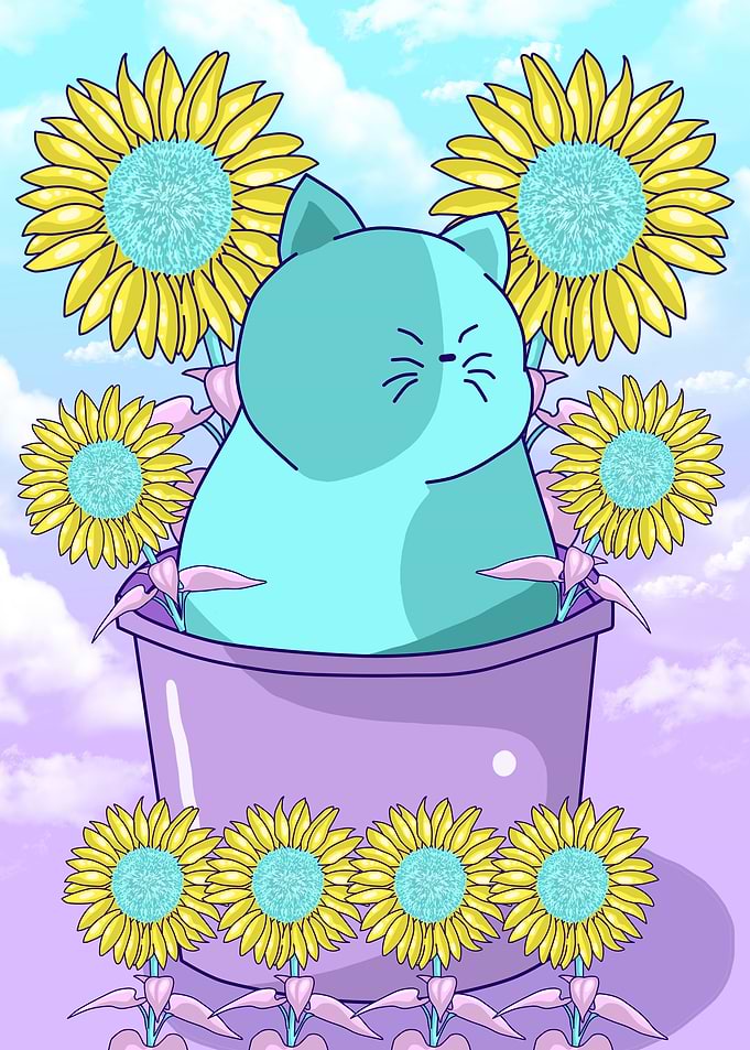 cat and sunflowers
