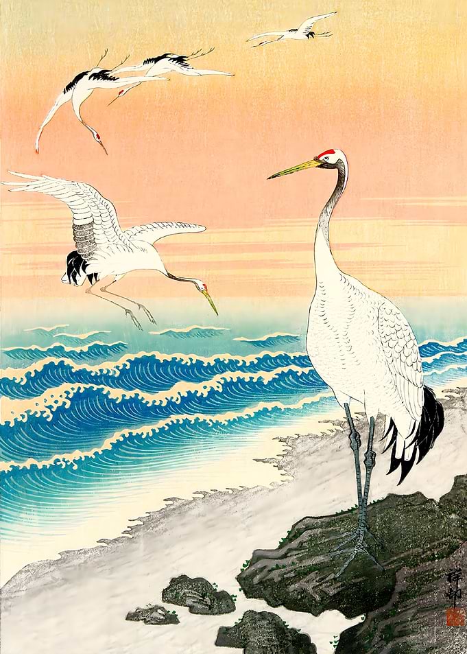 Ukiyo e Egrets on Sea