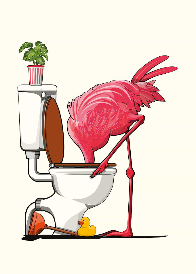 Flamingo head in toilet