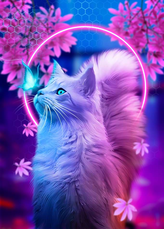 neon cat and butterfly
