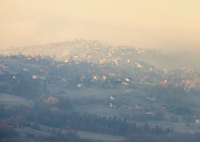 Autumn travel, misty hills