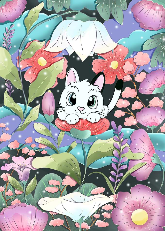 A Cat in The flower Garden