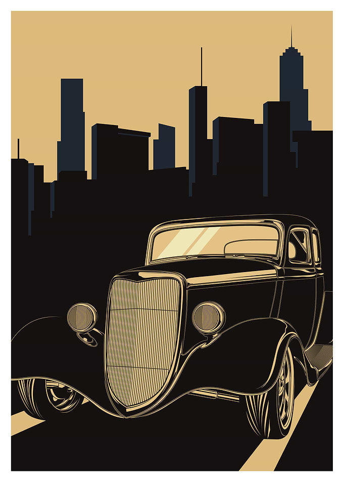 Vintage Car City Skyline
