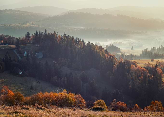 Autumn travel, misty hills