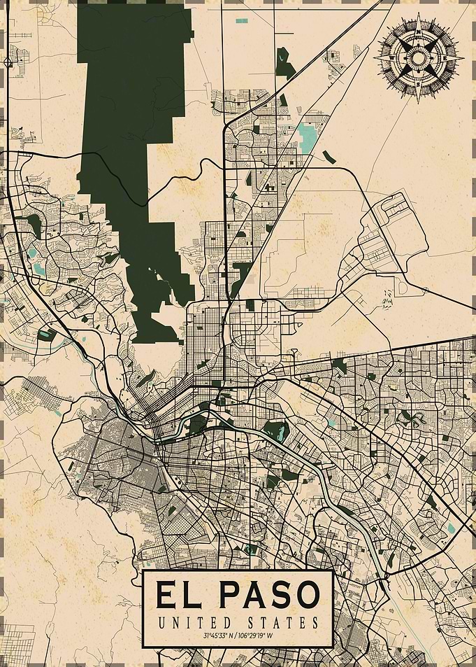 El Paso City Map Vintage