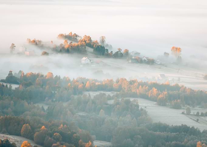 Autumn travel, misty hills