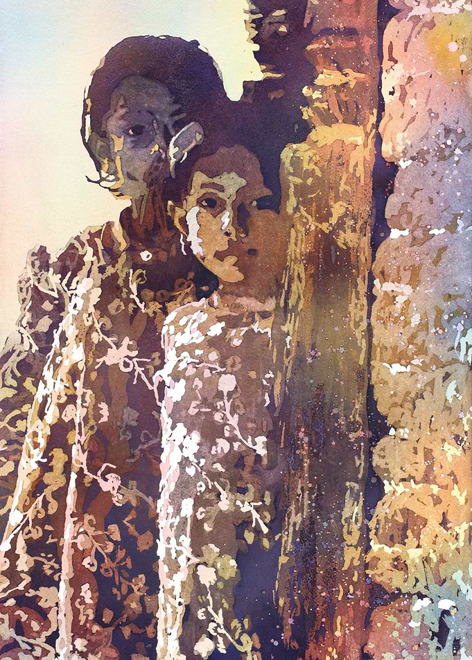 Girls at temple Nepal art