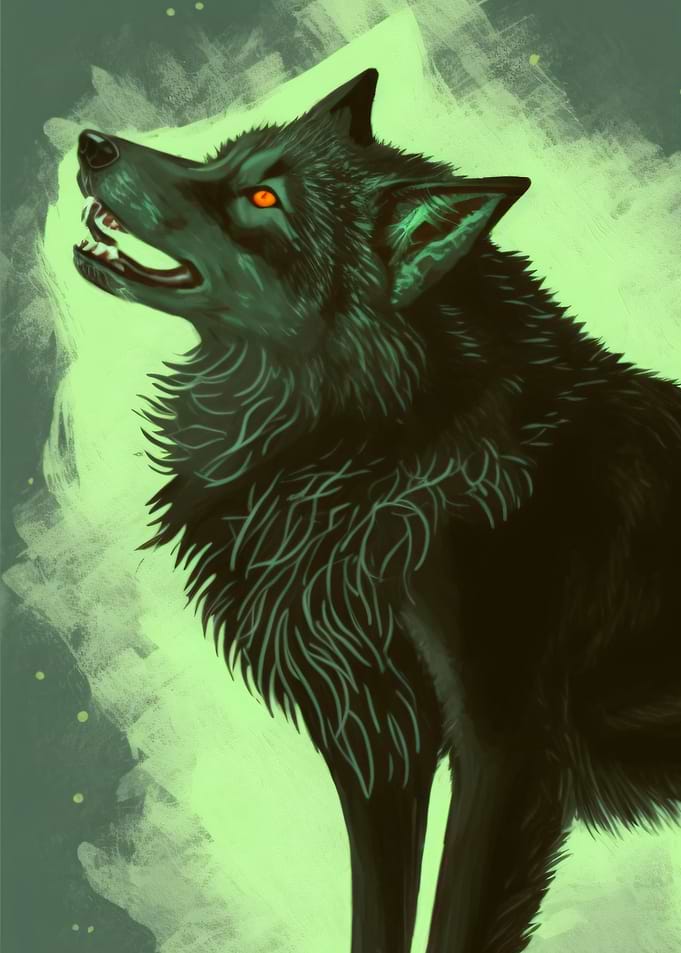Green Grey Wolf Painting
