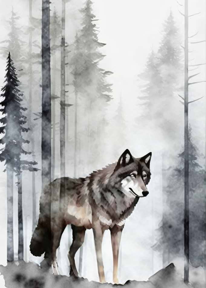Watercolor Wolf In Trees