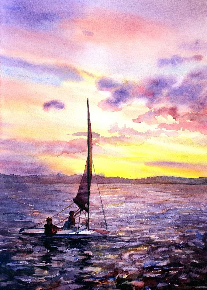 Boat on lake sunset