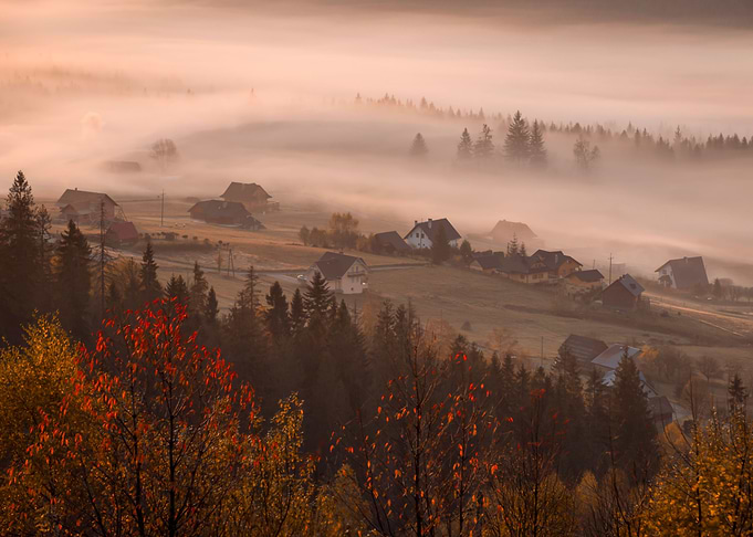 Autumn view, misty hills