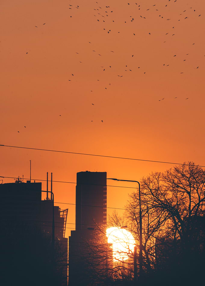 Sun behind skyscraper