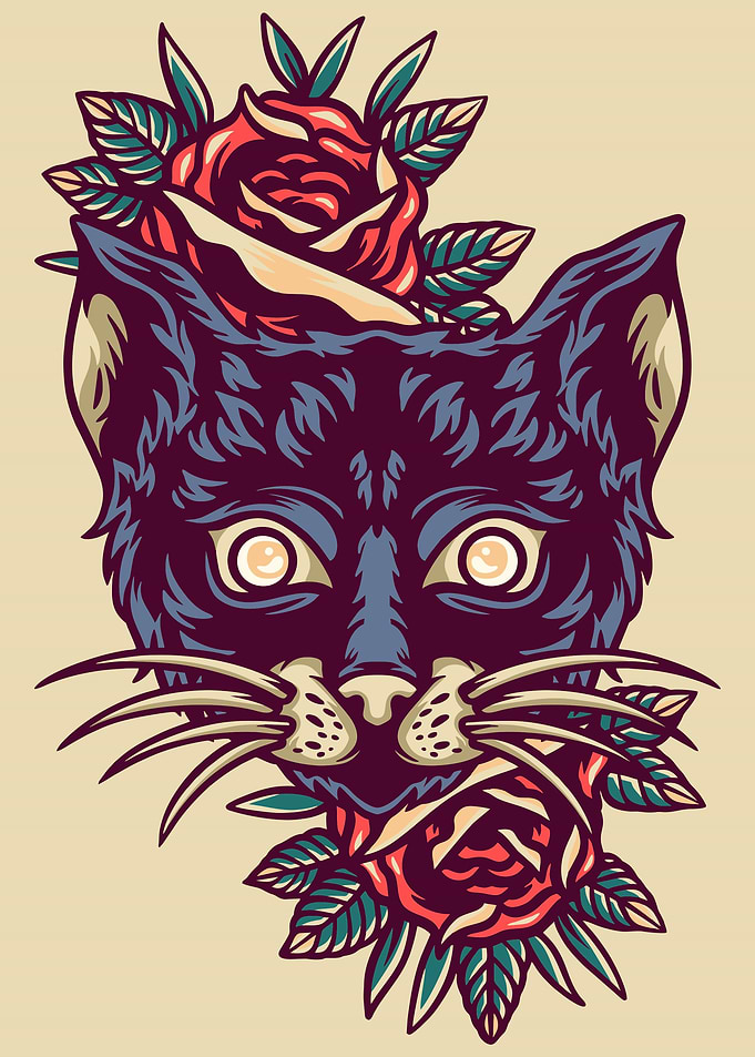 Cat and roses retro