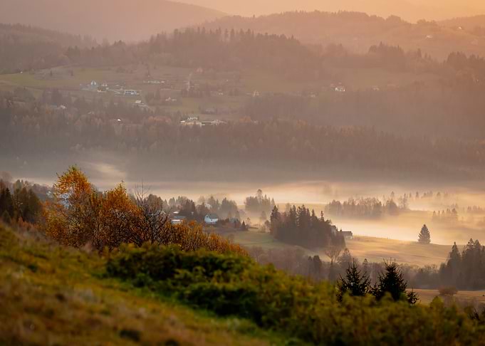 Autumn travel, misty hills