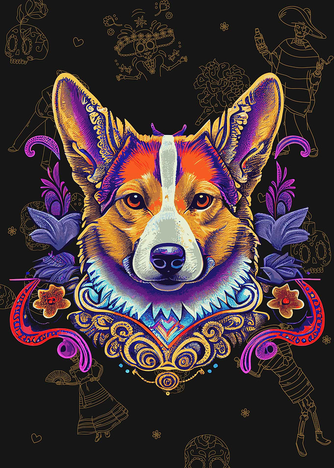 Day of The Dead Corgi Art