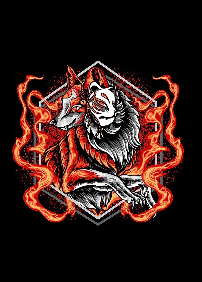The fox kitsune on fire