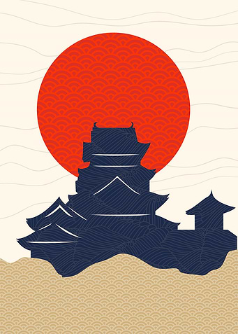 Red Sun With Temple Japan
