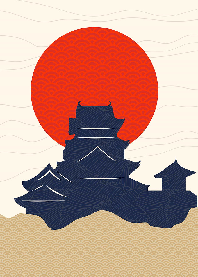 Red Sun With Temple Japan