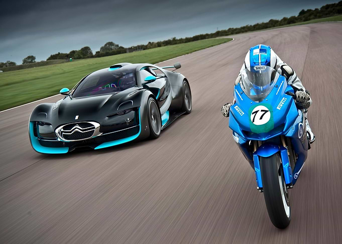 Bugatti and Motorcycle.