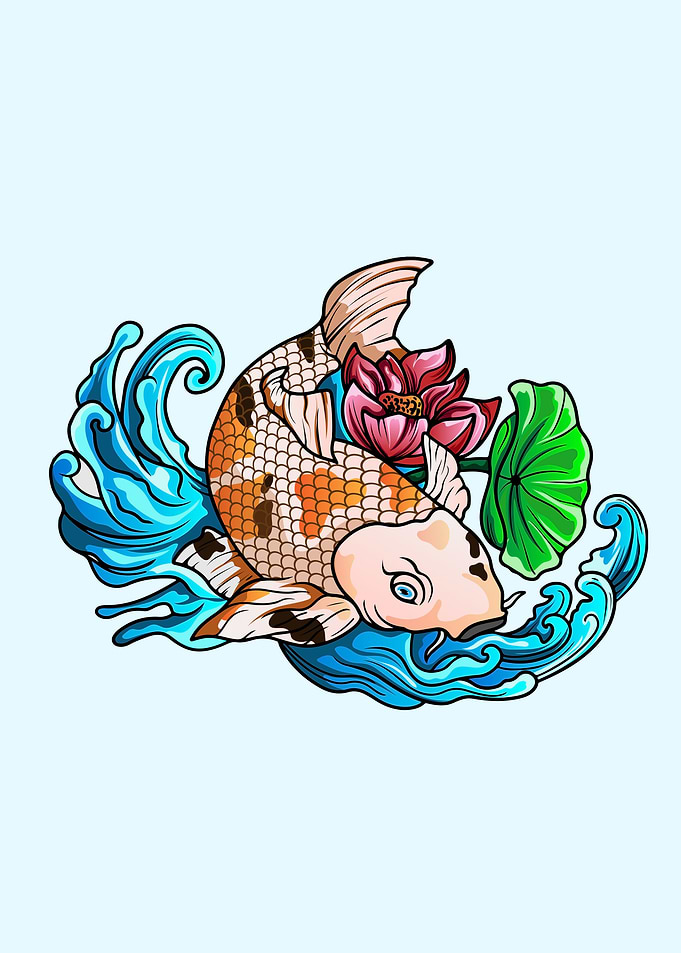 Koi fish Japanese flowers