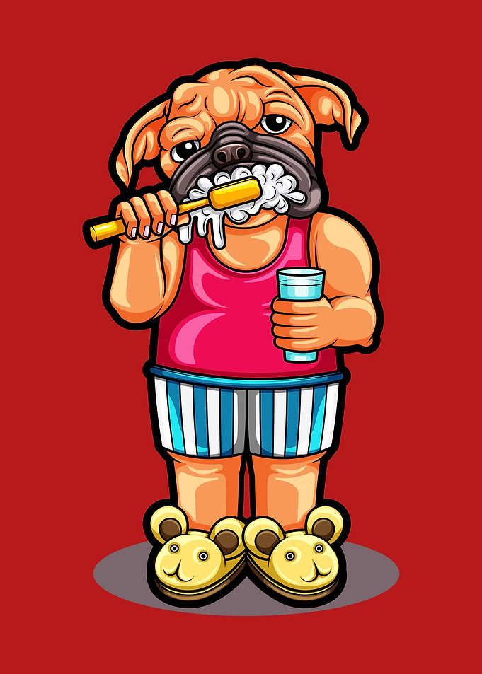 Cute pug dog brushing teet