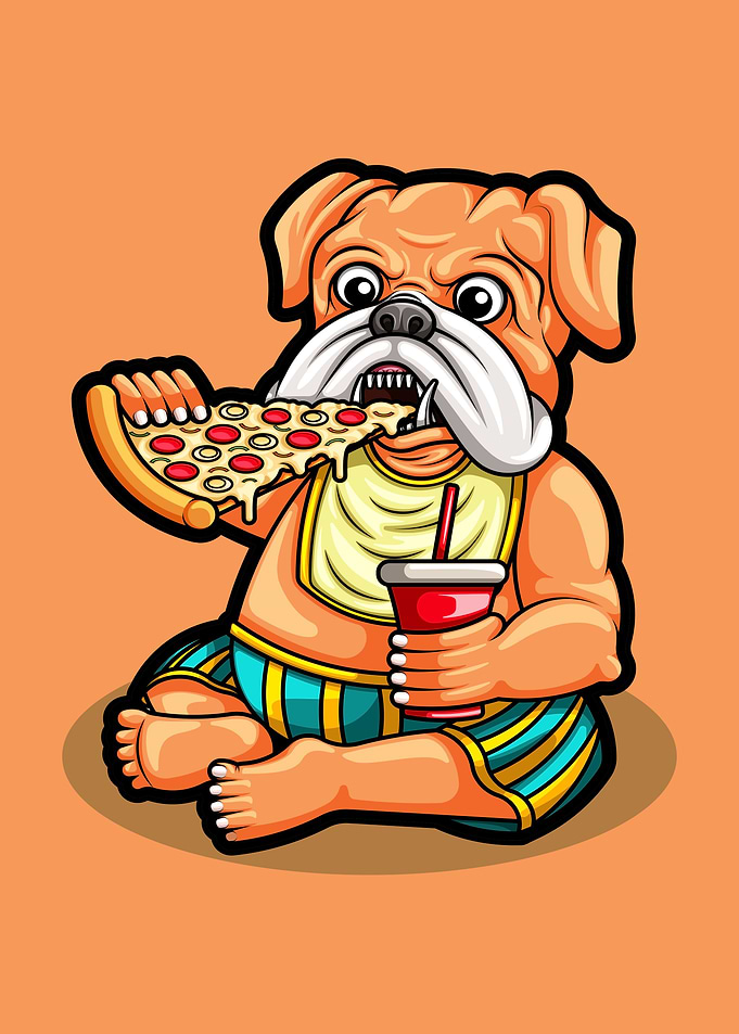 Cute pug dog eating pizza