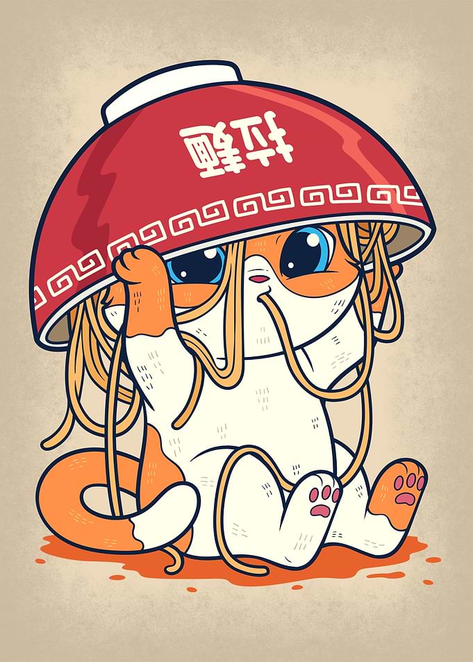 Cat Wearing Ramen Bowl